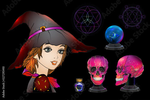 Young woman witch, fortune teller with magic ball, human skull, potion. Clip art, Set of elements for witchcraft design. Colored vector illustration..