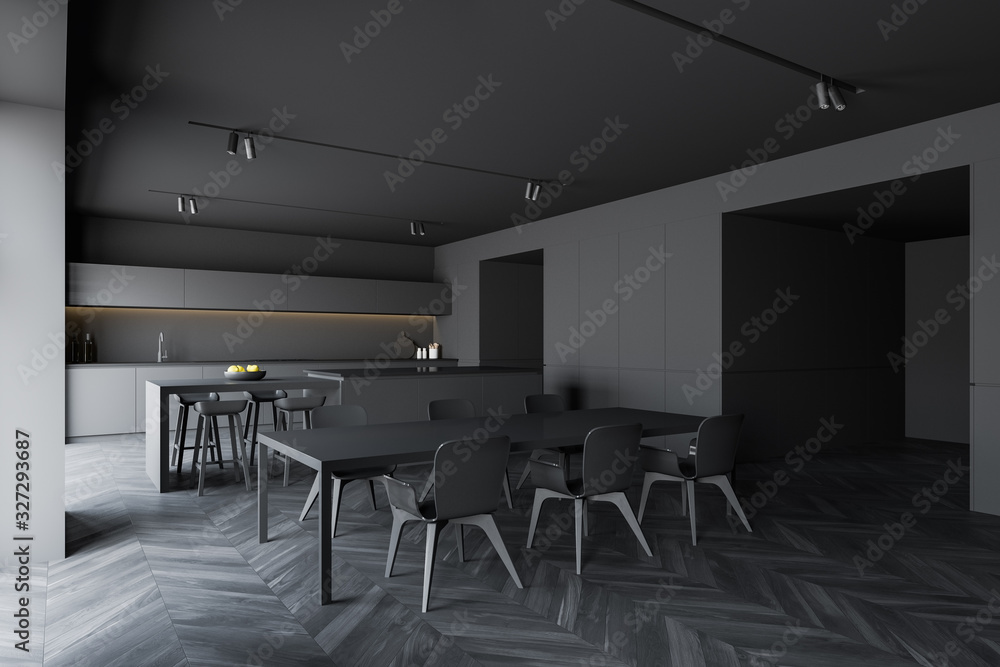 Modern gray kitchen with bar and table Modern gray kitchen with bar and table