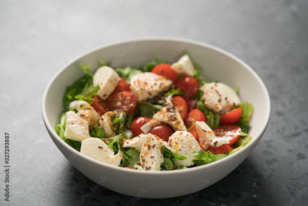 Salad with cherry tomatoes, mozzarella and frisee leaves in white bowl on concrete background Salad with cherry tomatoes, mozzarella and frisee leaves in white bowl on concrete background