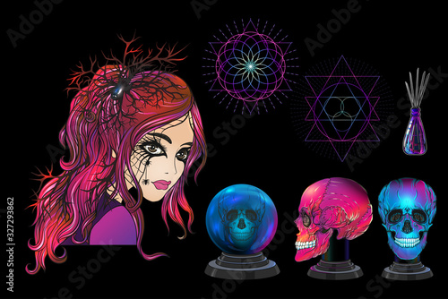 Young woman witch, fortune teller with magic ball, human skull, potion. Clip art, Set of elements for witchcraft design. Colored vector illustration..