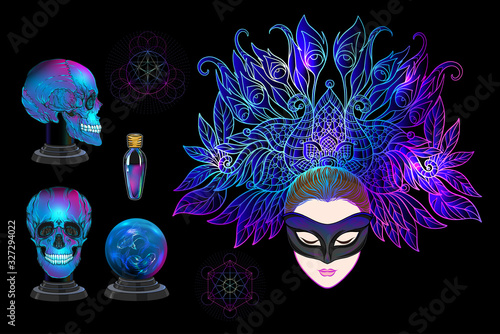 Young woman witch, fortune teller with magic ball, human skull, potion. Clip art, Set of elements for witchcraft design. Colored vector illustration..