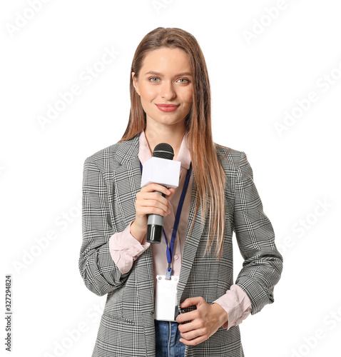 Female journalist on white background