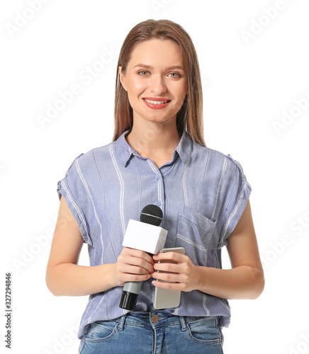 Female journalist on white ...