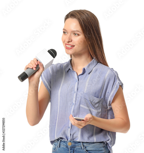 Female journalist on white ...