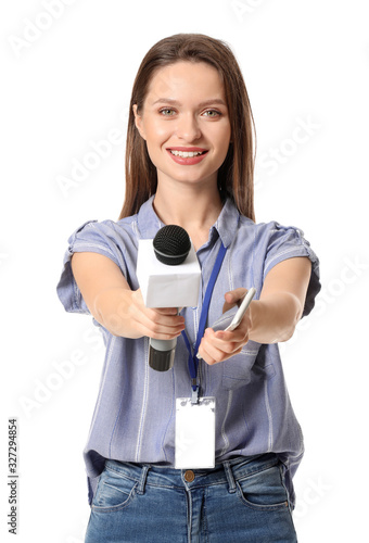 Female journalist on white ...