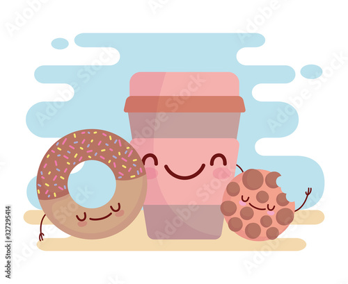 cookie donut and coffee cup menu character cartoon food cute