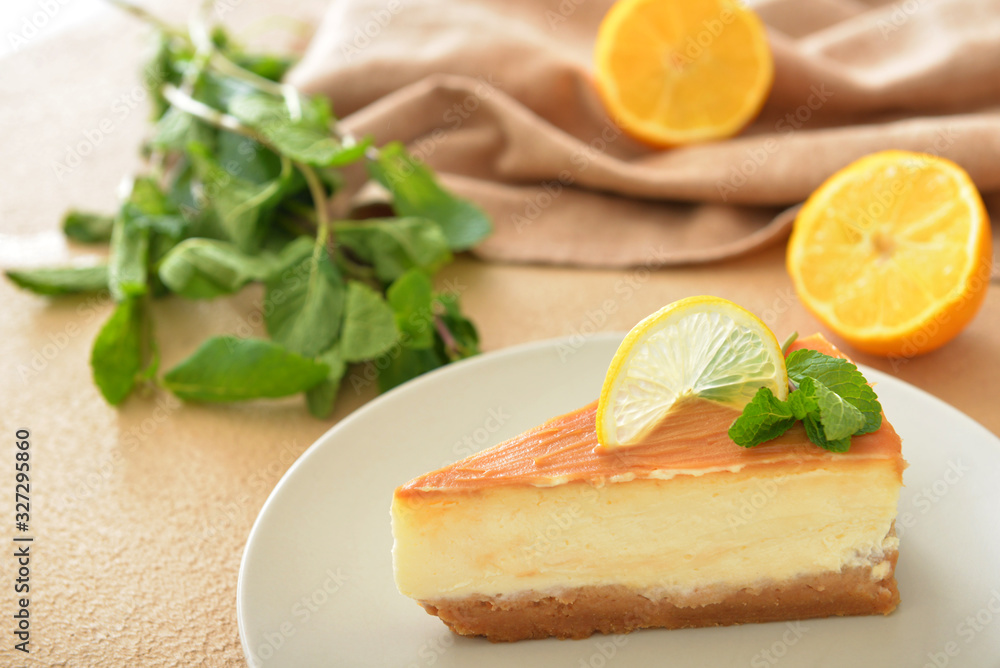 Slice of sweet caramel cheesecake on plate Slice of sweet caramel cheesecake on plate