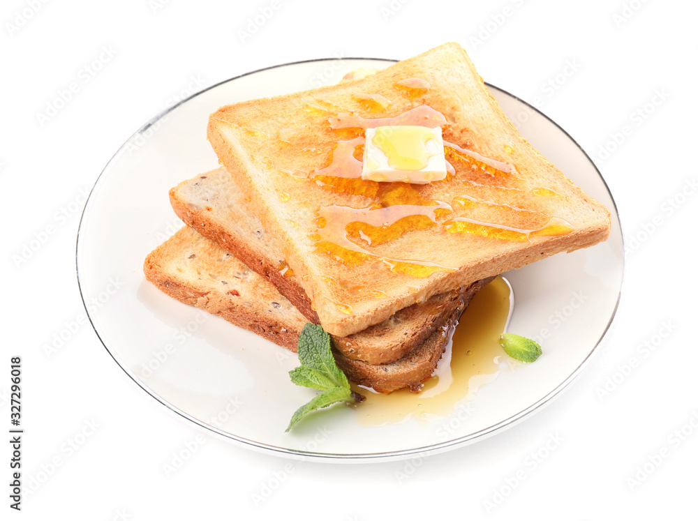 Tasty toasted bread with honey and butter on white background Tasty toasted bread with honey and butter on white background