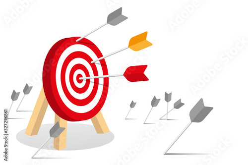 Many arrows missed hitting target mark. Shot miss. Multiple failed inaccurate attempts to hit archery target. Business infographic challenge failure metaphor. Flat cartoon isolated vector illustration