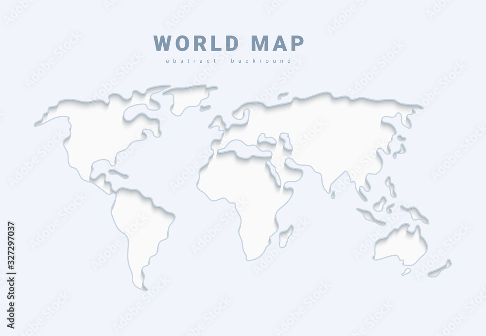 World vector map. Earth planet stylized template line outline stroke with shadow. Abstract white illustration on grey