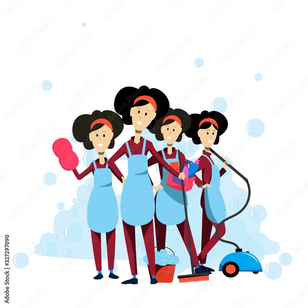 Obraz premium A team of cleaning girls on a background of soap suds. Cleaning company. Vector illustration.
