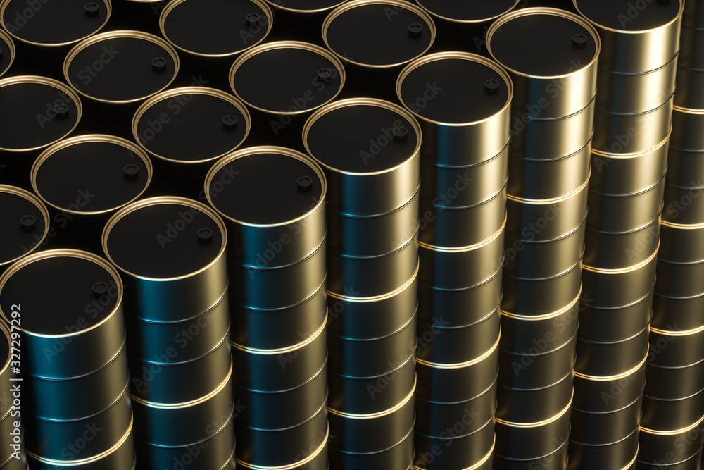 Black polished oil barrels lining up in the warehouse,3d rendering.