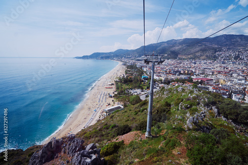 Cable car over Cleopatra beach in Alanya, Turkey. The cable car ride to the top of the castle.