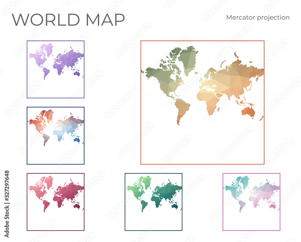Naklejka premium Low Poly World Map Set. Spherical Mercator projection. Collection of the world maps in geometric style. Vector illustration.