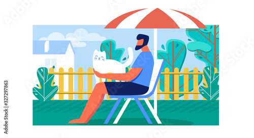 Spending Free Time Outdoors Cartoon Flat Vector Illustration. Man Sitting on Deckchair under Umbrella in Garden or Park. Male Character Holding Cute White Cat. Having Rest on Fresh Air.