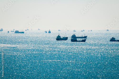 Offshore view of traffic jam of tanker ships crowding the horizon on the Sea of Marmara in Istanbul, Turkey