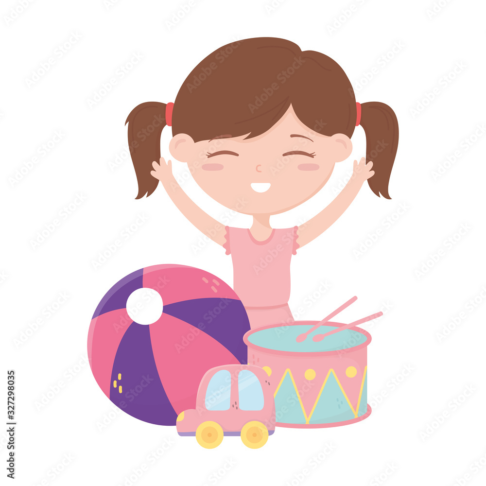 kids zone, little girl with drum ball and car toys cartoon kids zone, little girl with drum ball and car toys cartoon