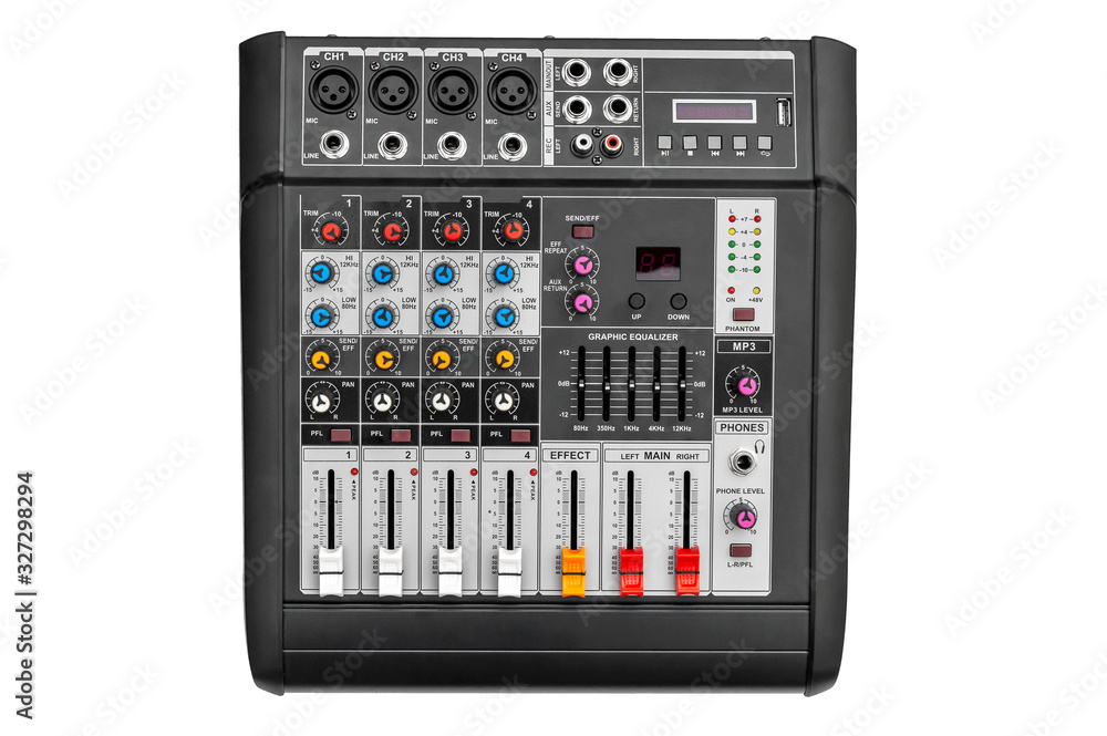 Audio mixer console on white background.