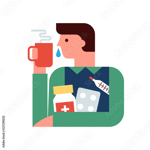 Person with the flu, cold, sickness and medical treatment flat vector illustration