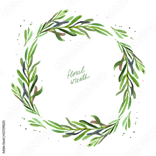 Round wreath or frame of rosemary herb. Floral hand drawn design on white background