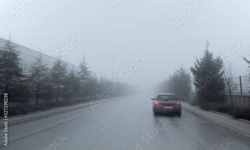 Heavy traffic at fog weather