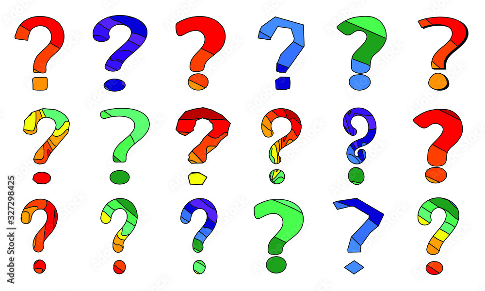 Bundle of drawings of question marks. Set of interrogation points with colorful contour lines. Problem or trouble symbols. Isolated cartoon funny decorative vector illustration. Kids doodle style. Bundle of drawings of question marks. Set of interrogation points with colorful contour lines. Problem or trouble symbols. Isolated cartoon funny decorative vector illustration. Kids doodle style.