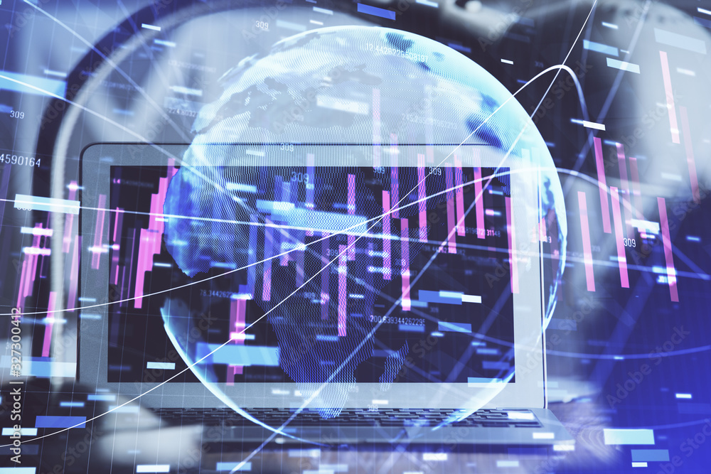 Financial graph colorful drawing and table with computer on background. Double exposure. Concept of international markets. Financial graph colorful drawing and table with computer on background. Double exposure. Concept of international markets.