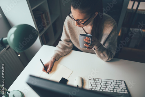 Young woman working on computer at her home office
