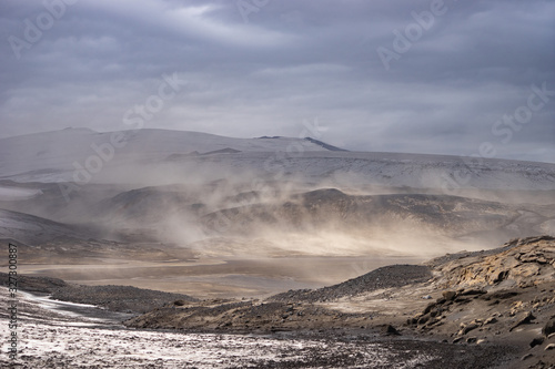 Volcanic landscape during ash storm on the Fimmvorduhals hiking trail. Iceland