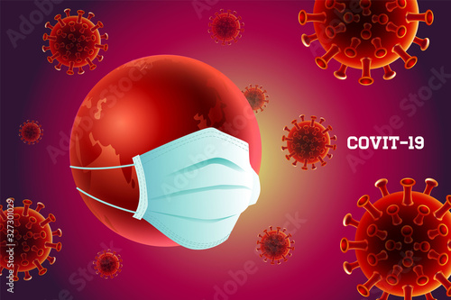 Earth,  Coronavirus, Covit -19, Wuhan, Danger, mask, vector Illustration.
