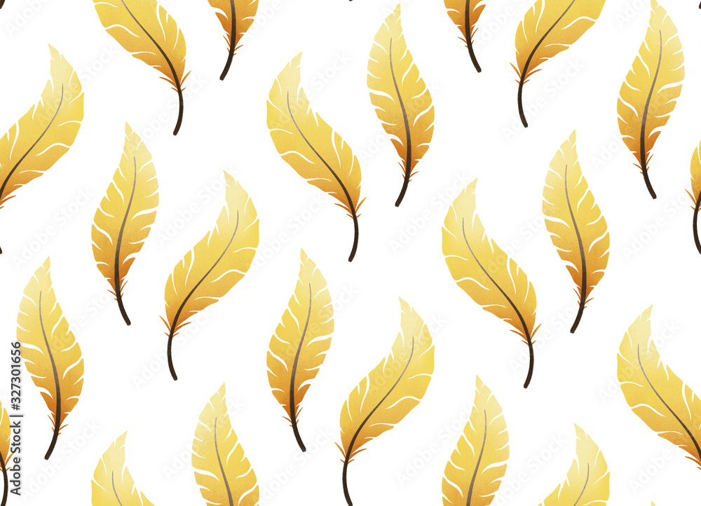 Feathers pattern, gouache painted Easter feathers seamless spring pattern in yellow, orange and white Feathers pattern, gouache painted Easter feathers seamless spring pattern in yellow, orange and white