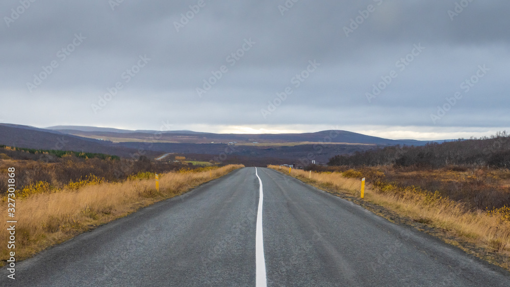 Empty road in Iceland with continues middle line during grey autumn day