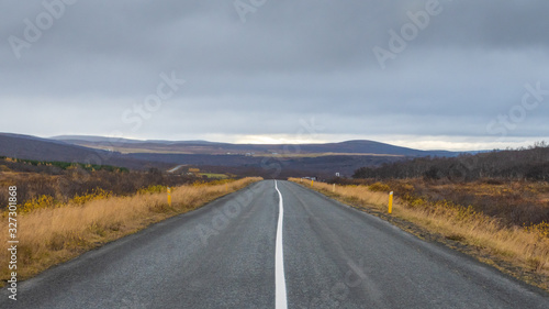 Empty road in Iceland with continues middle line during grey autumn day