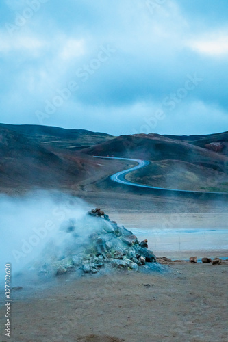 Hverir volcano in Iceland sulfuric smoker in front of Road 1 photo