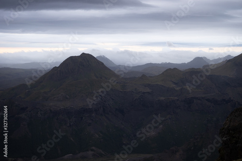 Mountain peak with and clouds on the laugavegur Hiking trail close to Thorsmork