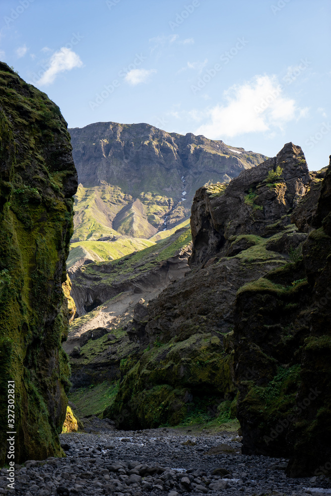  Stakkholtsgja Canyon with blue cloudy sky in Iceland near Posmork 