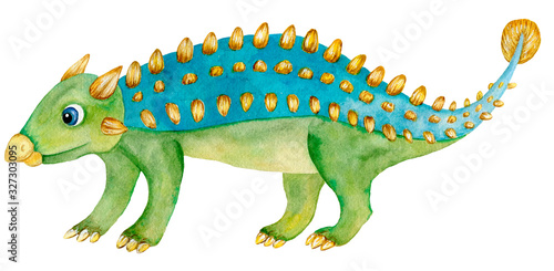 Watercolor Cartoon Dinosaur Ankylosaurus Isolated on a White Background. Colorful Hand Drawn Illustration