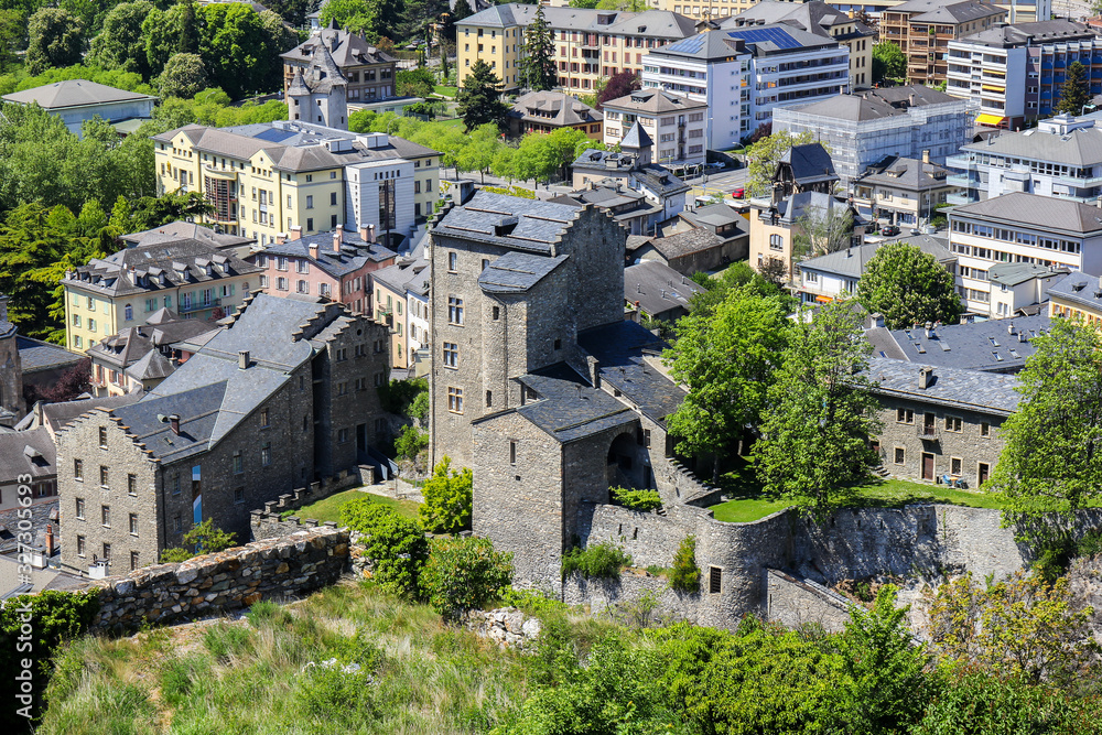 Fototapeta premium Castle ruins and Sion / Sitten city view from above, Switzerland
