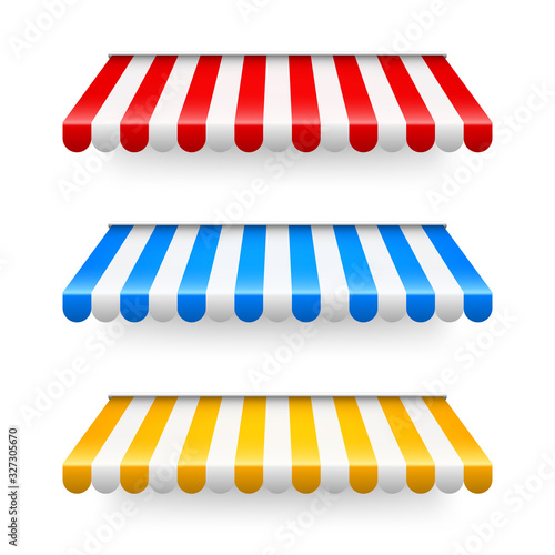 Shop sunshade. Realistic striped cafe awning. Outdoor market tent. Roof canopy. Summer street store. Vector illustration.
