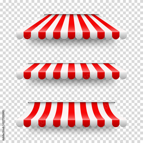 Shop sunshade. Realistic striped cafe awning. Outdoor market tent. Roof canopy. Summer street store. Vector illustration.