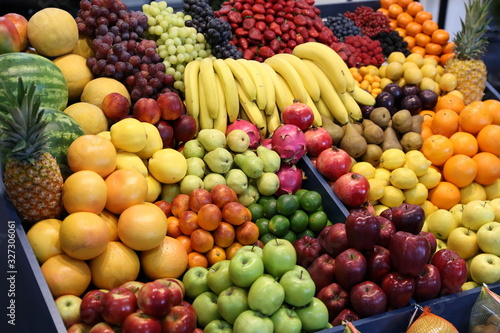 Various fresh summer exotic fruits for sale on market