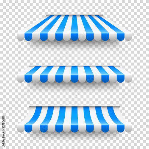 Shop sunshade. Realistic striped cafe awning. Outdoor market tent. Roof canopy. Summer street store. Vector illustration.