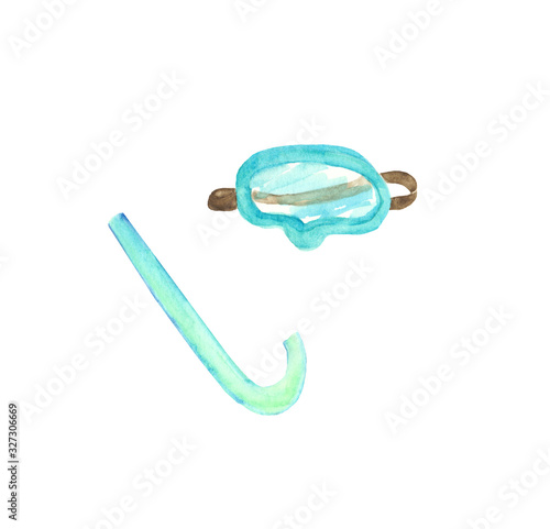 Hand drawn blue watercolor diving mask isolated on white background. Cute illustration of adventure vacation elements.