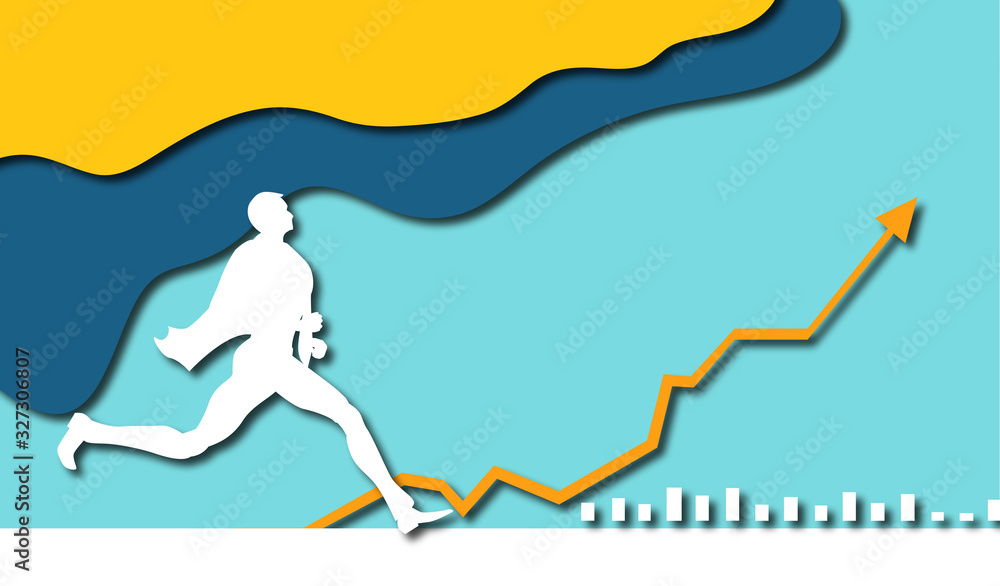Fototapeta premium Silhouette of running businessman. Paper cut design background with space for text.