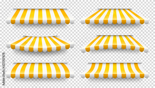 Shop sunshade. Realistic striped cafe awning. Outdoor market tent. Roof canopy. Summer street store. Vector illustration.