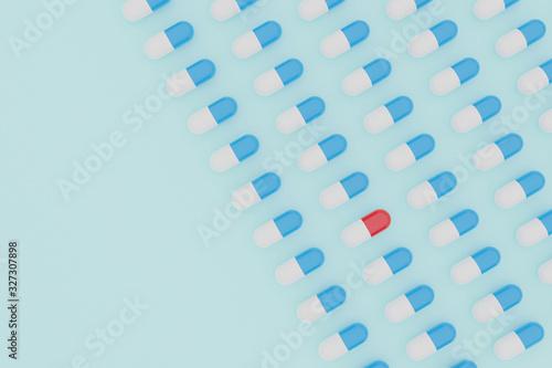 red pill capsule disrupting rows of blue pills, 3D render concept image 