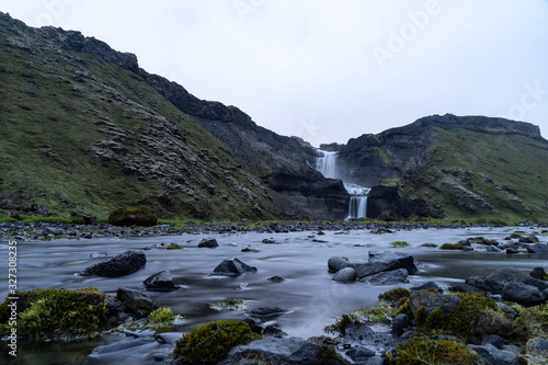 Two-tiered waterfall Ofaerufoss in the Eldgja canyon, in the central Iceland photo