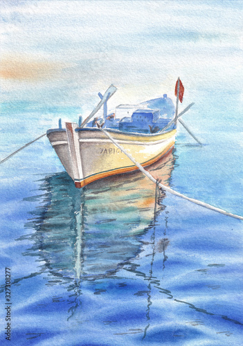 Boat in water, watercolor illustration