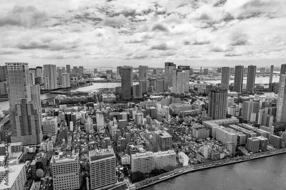 Aerial view of Tokyo cityscape Chuo suburb. Black and white