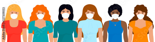 Group of women of different nationalities in white medical face masks. Chinese virus 2019-nCoV. Coronavirus treatment. Concept of quarantine, prevent infection